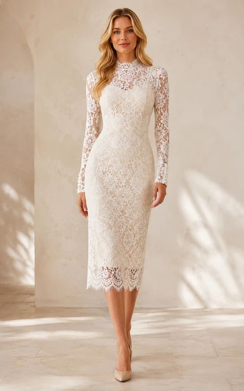 Ivory High Neck Long Illusion Sleeve Lace Sheath Dress Court