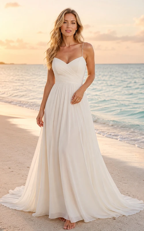 Robe de mariée de plage en mousseline, coupe trapèze, bretelles spaghetti, traîne et dos nu