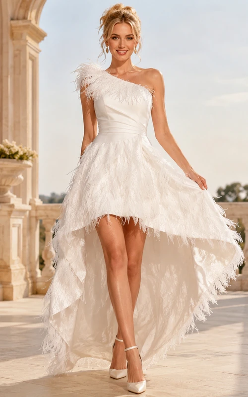 Weißes, einseitig schulterfreies, gestuftes A-Linien-Abendkleid mit Federbesatz – Luxus für Prominente