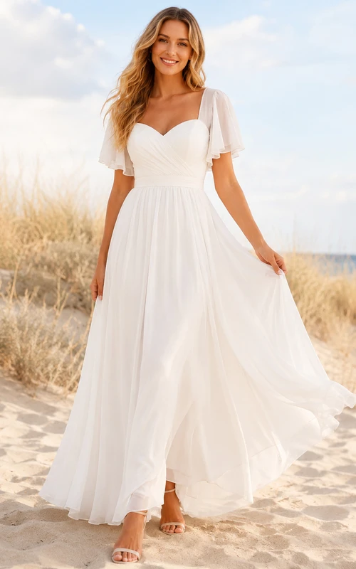 Robe de mariée bohème élégante en mousseline à décolleté en V profond et manches pétales, style plage.