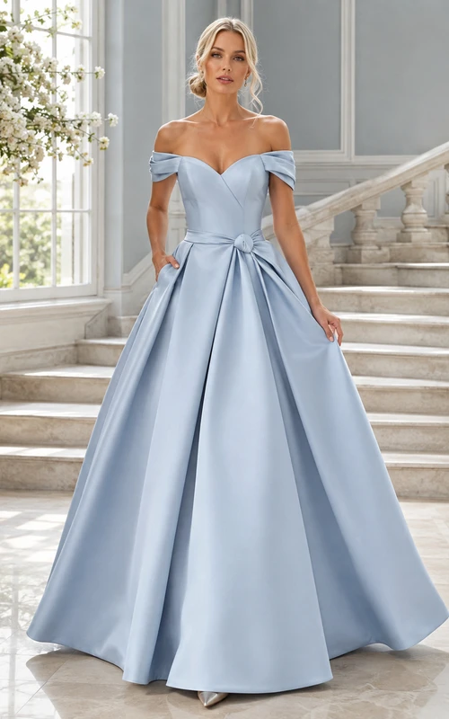 Elegante vestido de fiesta largo de satén azul cielo con escote corazón y lazo, sin hombros.