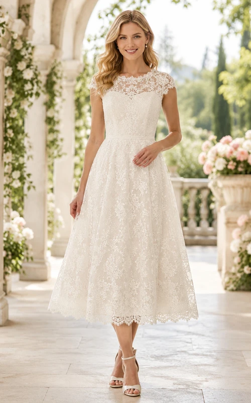 Cameo Collar Ivory A-Line Tea-Length High-Neck Short-Sleeve Lace Vintage Guest Dress