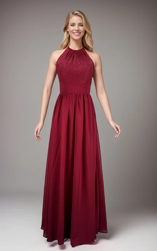 Robe de demoiselle d'honneur rose poudré sans manches en mousseline avec détails en dentelle et dos nu en forme de goutte d'eau