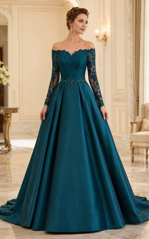 Dunkeltürkisfarbenes, schulterfreies Ballkleid aus Spitze und Satin mit langen Ärmeln – Brautkleid