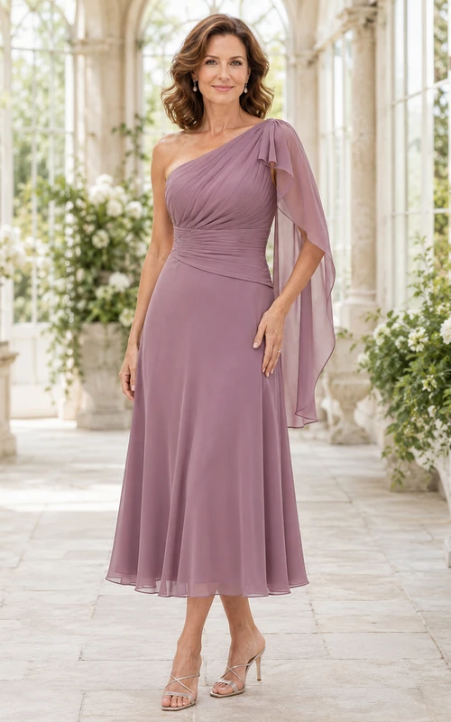 Vintage Mauve Tea-Length A-Line Romantic Mother of the Bride Chiffon Cocktail Dress with One-Shoulder Draped Cape Sleeve