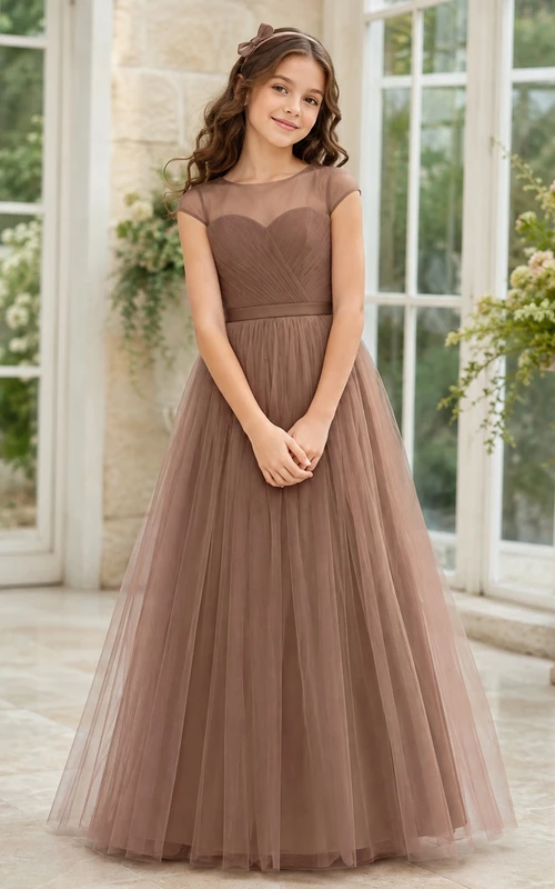 Taupefarbenes Brautjungfernkleid für junge Brautjungfern, A-Linie, herzförmiger Schnitt, kurze Ärmel, gerafft, romantisch