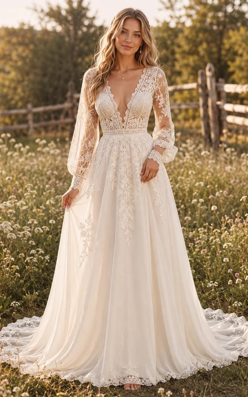 Vestido de novia bohemio de encaje y tul, corte en A, escote en V, manga larga y cola larga.