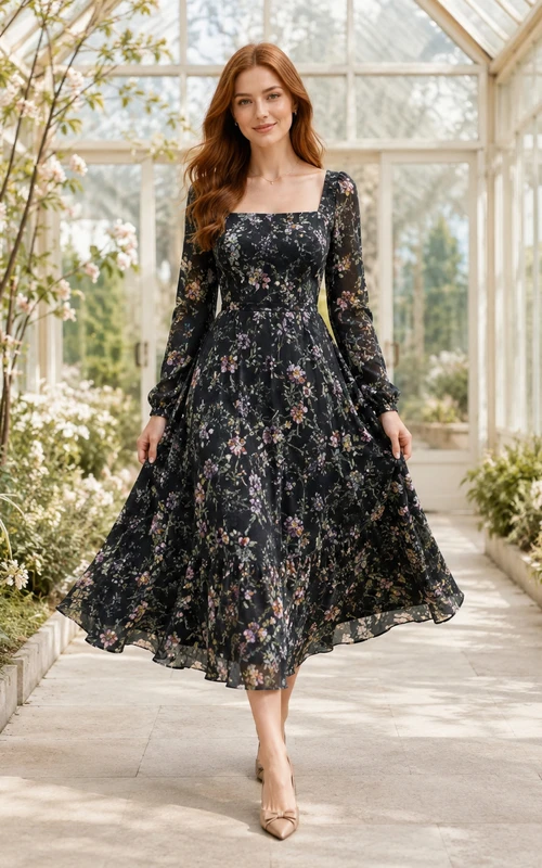 Robe midi à fleurs noires, col carré, manches longues, style jardin