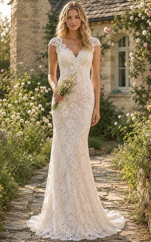 Etuikleid mit floraler Spitze, kurzen Ärmeln, für eine romantische Hochzeit im Landhausstil