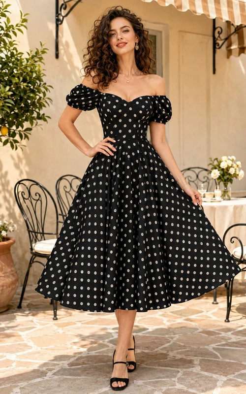 Schwarzes, gepunktetes Vintage-Chiffon-Cocktailkleid mit schulterfreiem Schnitt, kurzen Ärmeln und A-Linien-Schnitt in Teelänge