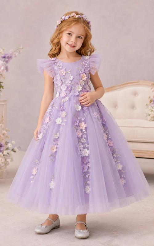 Robe de demoiselle d'honneur mi-longue en tulle lavande à manches papillon et appliqué floral 3D