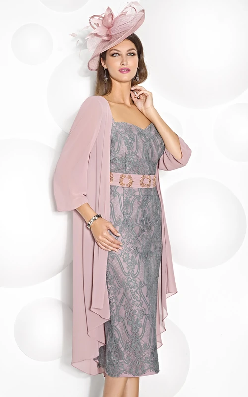 Vestido de gasa de largo midi con apliques, mangas tres cuartos y escote redondo para la madre de la novia