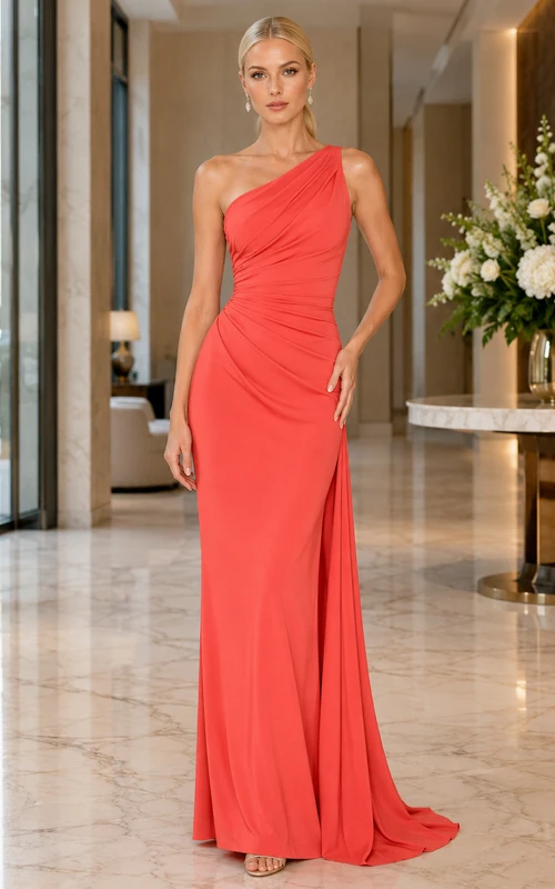 Coral One-Shoulder Ruched Jersey Sheath Split-Front Floor Evening Gown Modern
