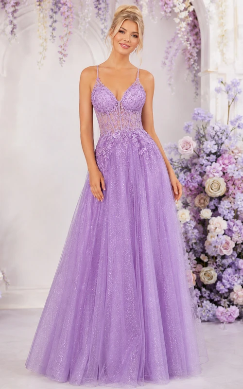 Romantisches lavendelfarbenes Pailletten-Abendkleid in A-Linie, bodenlang, Spaghetti-Spitze, Korsett