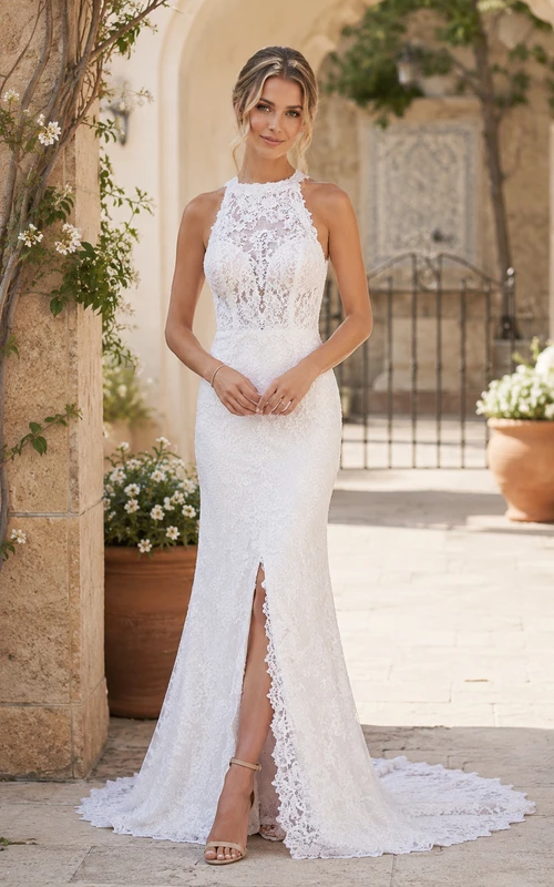 Vestido de novia blanco de encaje estilo sirena con escote halter y abertura frontal.