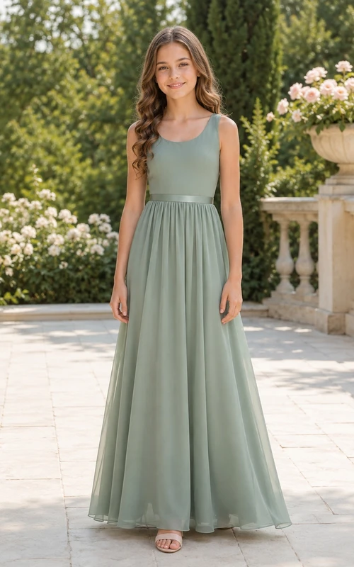Vestido de dama de honor juvenil color celadón, corte en A, escote redondo, sin mangas