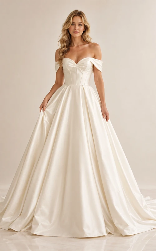 Lujoso vestido de novia de satén con escote corazón y hombros descubiertos, estilo capilla, romántico, corte cortejo nupcial.