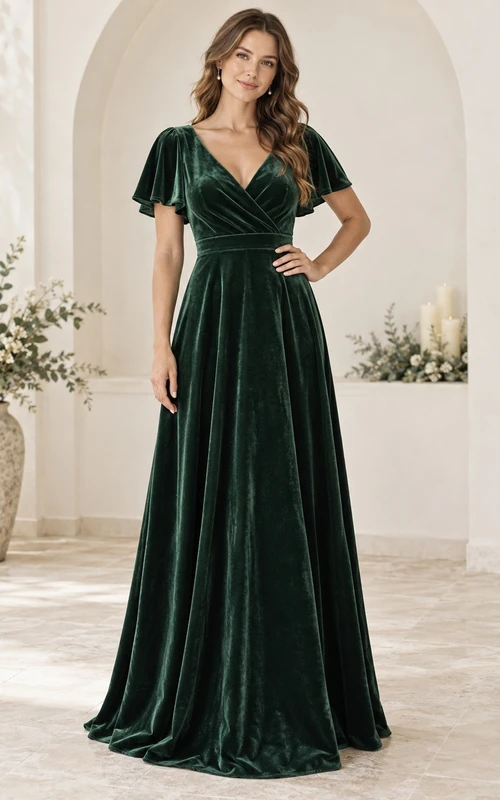 Vestido de dama de honor de corte A con escote en V y mangas con volantes en terciopelo verde pino