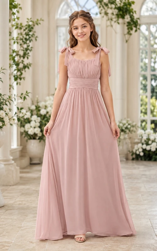 Perlmuttrosa Brautjungfernkleid, A-Linie, eckige Schulterpartie, ärmellos, Schleifen