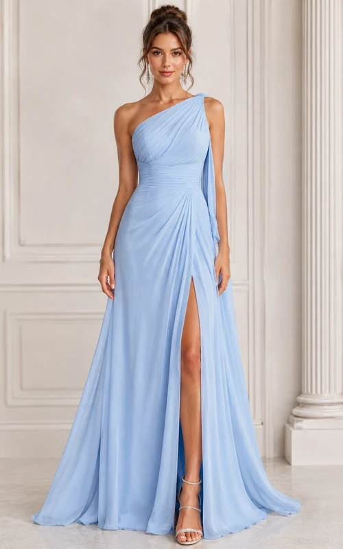 Robe de demoiselle d'honneur en mousseline de soie à une épaule, coupe trapèze et fente.