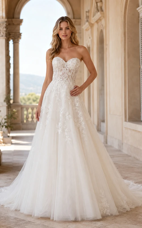 Robe de mariée classique en dentelle et tulle, bustier cœur, coupe trapèze, traîne chapelle, applications florales, fermeture éclair au dos