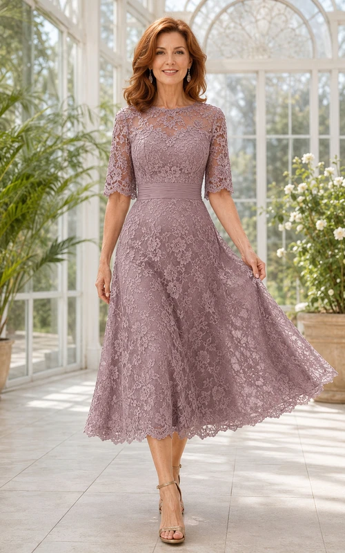 Elegantes, lilafarbenes Vintage-Spitzenkleid in Teelänge mit A-Linien-Schnitt, Rundhalsausschnitt und Dreiviertelärmeln für die Mutter der Braut