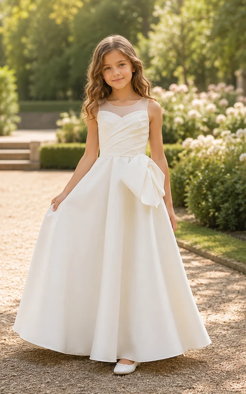 Vestido de niña de las flores, blanco, satén, corte en A, sin mangas, escote corazón, largo hasta el suelo, detalle de lazo.