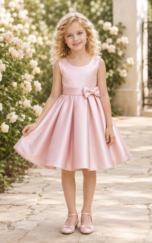 Robe de demoiselle d'honneur rose perle, simple et élégante, coupe princesse, longueur genou, en satin, col rond, nœud