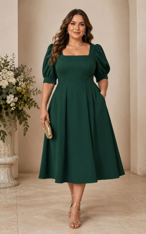 Vestido largo de satén verde oscuro con escote cuadrado y talla grande