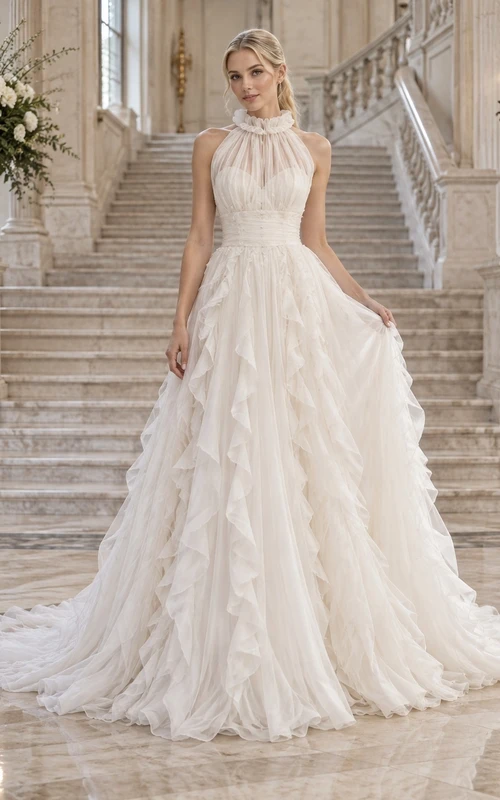Brautkleid mit hohem Kragen, Neckholder, Chiffon, fließenden Rüschen und taillierter A-Linie