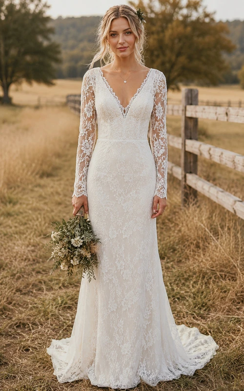 Long Sleeve V-Neck Mermaid Lace Country Wedding Dress with Low Back