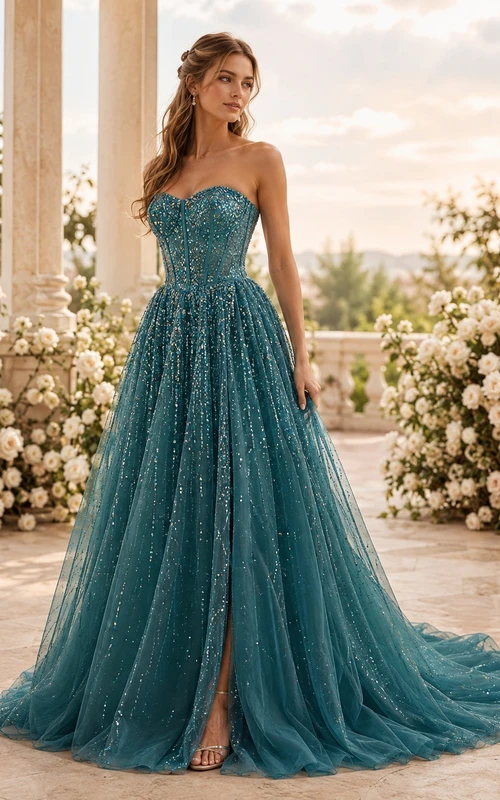 Türkisfarbenes, paillettenbesetztes, trägerloses A-Linien-Brautkleid mit Herzausschnitt und Schlitz