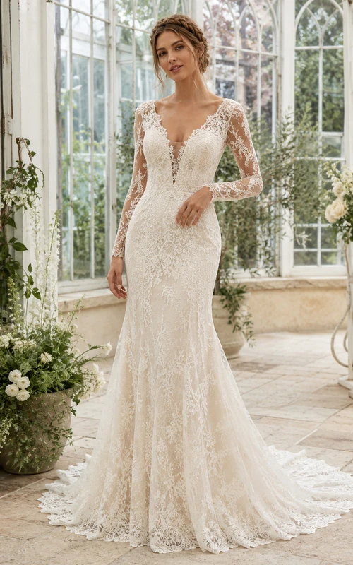 Robe de mariée sirène élégante en dentelle, décolleté en V profond, manches longues transparentes, traîne chapelle, applications florales, dos nu plongeant et manches longues transparentes.