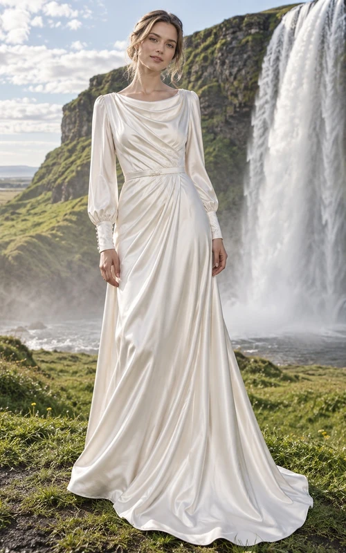 Vestido de novia sencillo de corte A, manga larga, cuello drapeado, charmeuse, con cinturón estrecho y cola.