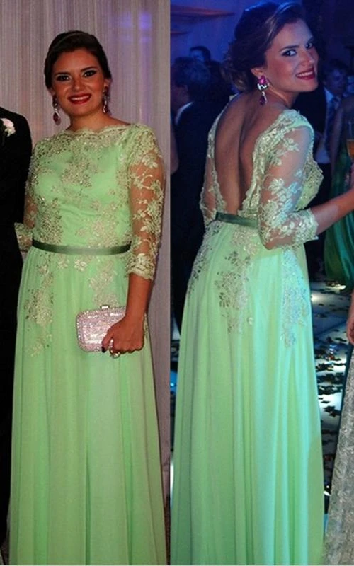 Spitzenkleid mit langen Ärmeln und offenem Rücken – Neu eingetroffen! Wunderschöne Abendkleider für Abschlussbälle mit Applikationen (3–4 cm) aus Chiffon.