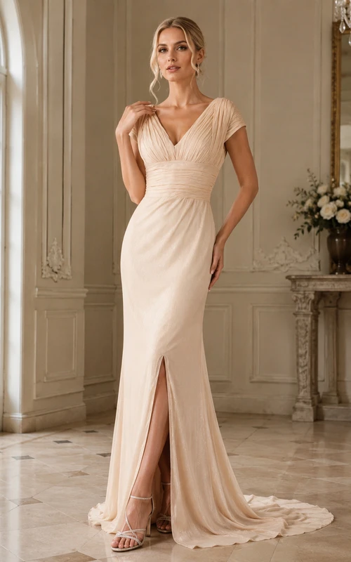 Robe sirène décolletée à manches cape, taille froncée et fente sur le devant