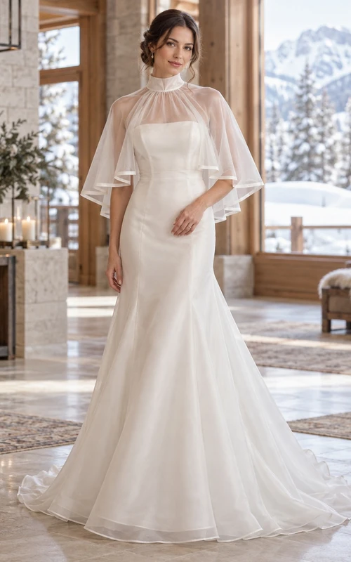 Vestido de novia corto con capa transparente de cuello alto y borde de cinta, estilo sirena, para invierno.