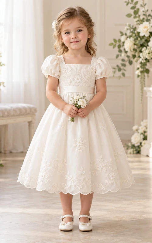 Teelanges, eckiges Ausschnitt-Kleid in Elfenbein mit A-Linien-Schnitt, floraler Spitze, Puffärmeln und Muschelsaum für Blumenmädchen