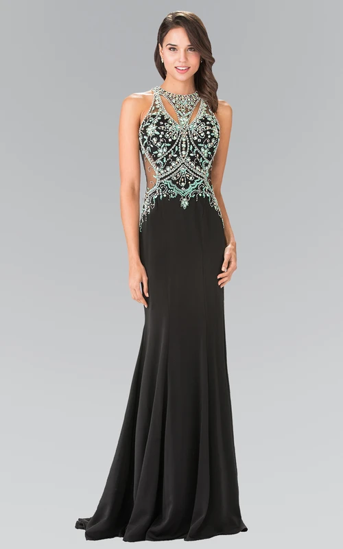 Sheath Jewel-Neck Sleeveless Jersey Keyhole Dress With Crystal Detailing