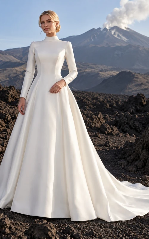Vestido de novia sencillo, modesto, de corte A, de satén, con cuello alto, manga larga y cola.