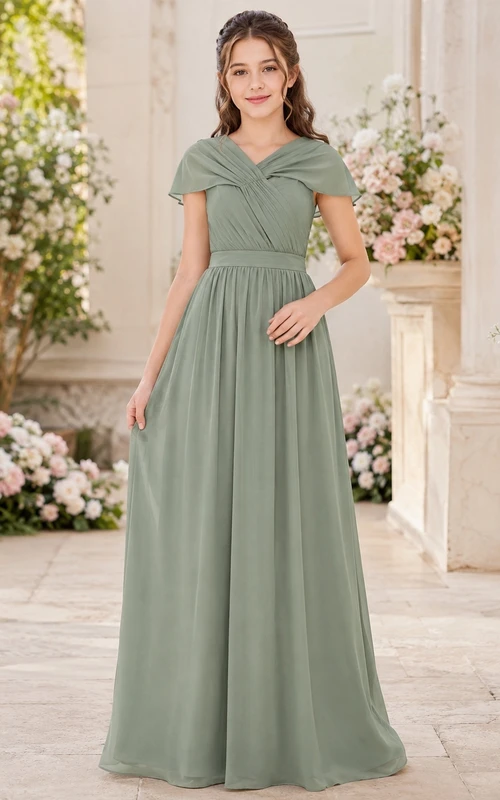 Vestido de dama de honor juvenil color celadón, corte en A, escote en V, manga corta, fruncido de pétalos, estilo romántico.