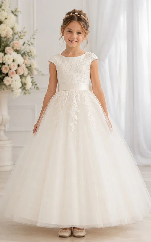 Elfenbeinfarbenes A-Linien-Blumenmädchenkleid aus Spitze mit Applikationen, floralen Details und Schleife.