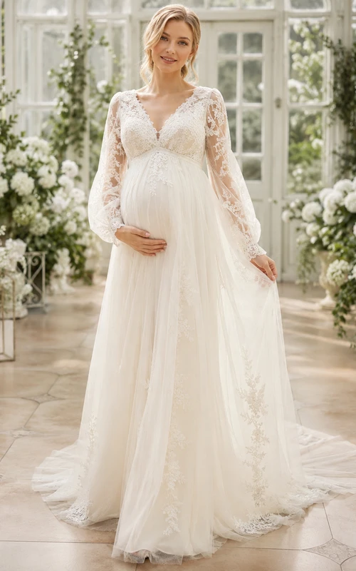 Vestido de novia de maternidad de manga larga con encaje, escote en V y cola de capilla estilo imperio