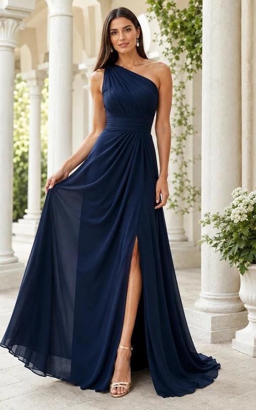 Navy One Shoulder Satin Slit Mermaid Gown Classic