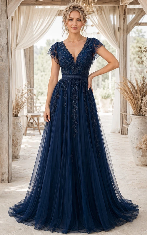 Dunkelblaues, formelles Boho-Spitzenkleid mit V-Ausschnitt, kurzen Ärmeln und Garten