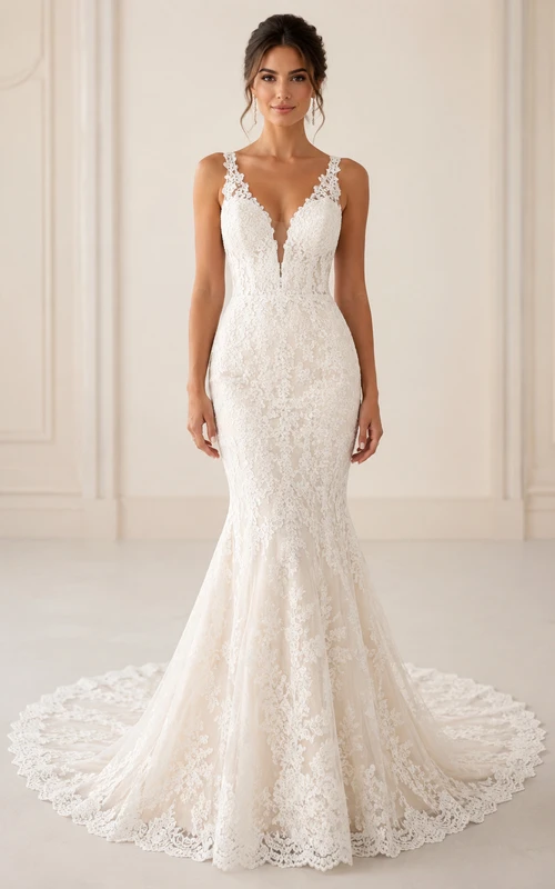 Lace Mermaid Wedding Dress with Plunging V-Neck Straps and Low V Back Chapel Train