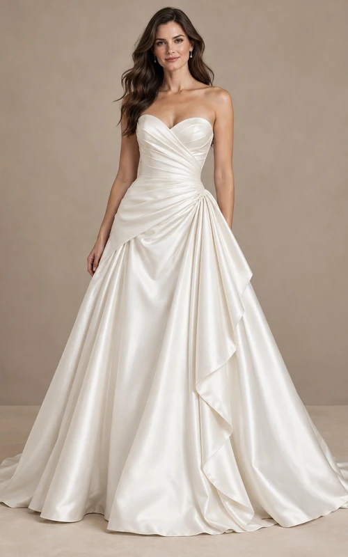 Vestido de novia sencillo, sin tirantes, con escote corazón asimétrico y cola larga de satén drapeada.
