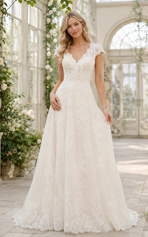 Elegante vestido de novia romántico de corte A con escote en V, mangas cortas y encaje, largo hasta el suelo.