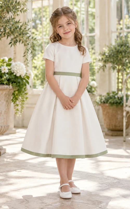 Simple Tea-length Ivory Jewel Short-sleeve Pleated Sage-banded Zipper-back A-line Flower Girl Dress