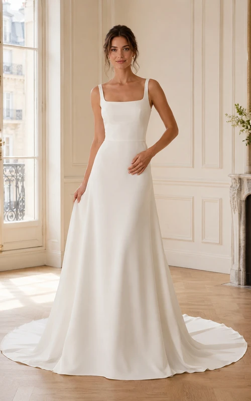 Robe de mariée minimaliste en satin raffiné, col carré, sans manches, coupe trapèze, traîne chapelle, style véranda.